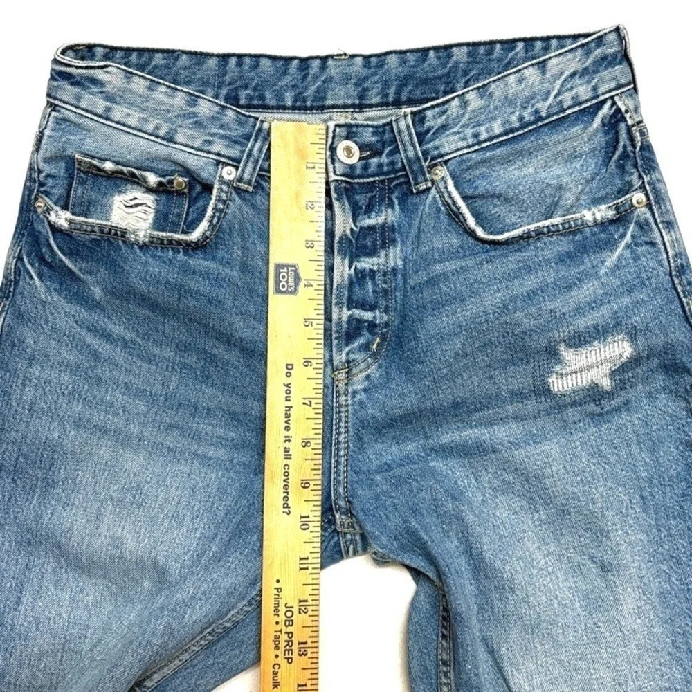 H&M &Denim Boyfriend Jeans‎ Blue Distressed Low Waist Button Fly Size 27